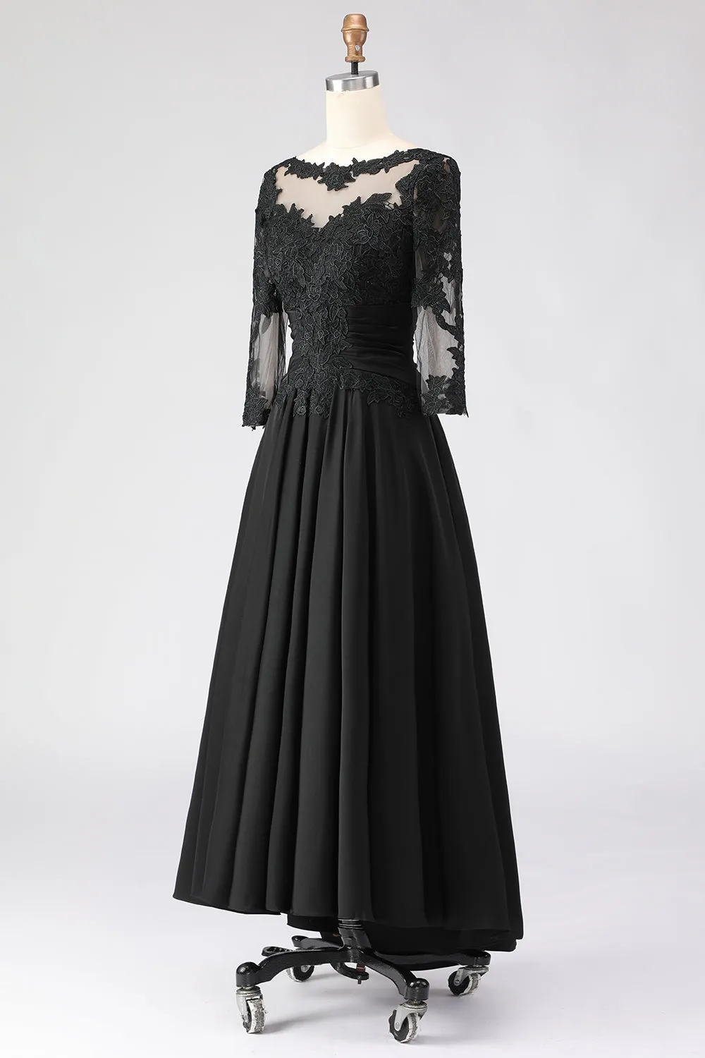Black A Line Tea Length 3/4 Sleeve Mother of the Bride Dress with Appliques sold by Zapaka product image thumbnail 5