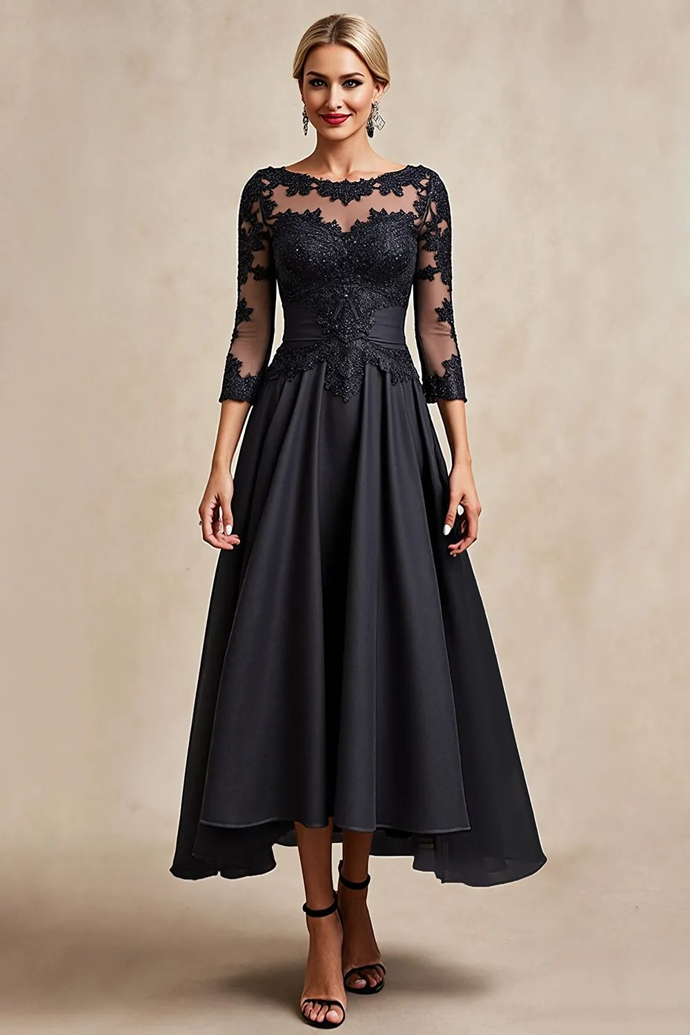 Black A Line Tea Length 3/4 Sleeve Mother of the Bride Dress with Appliques sold by Zapaka product image thumbnail 3