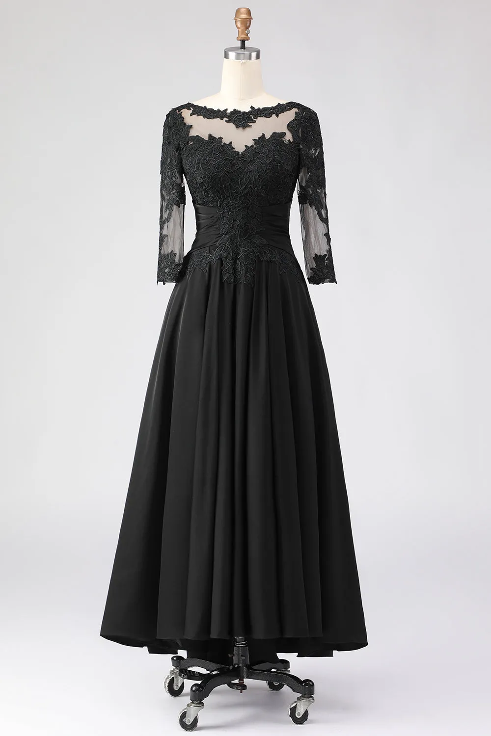 Black A Line Tea Length 3/4 Sleeve Mother of the Bride Dress with Appliques sold by Zapaka