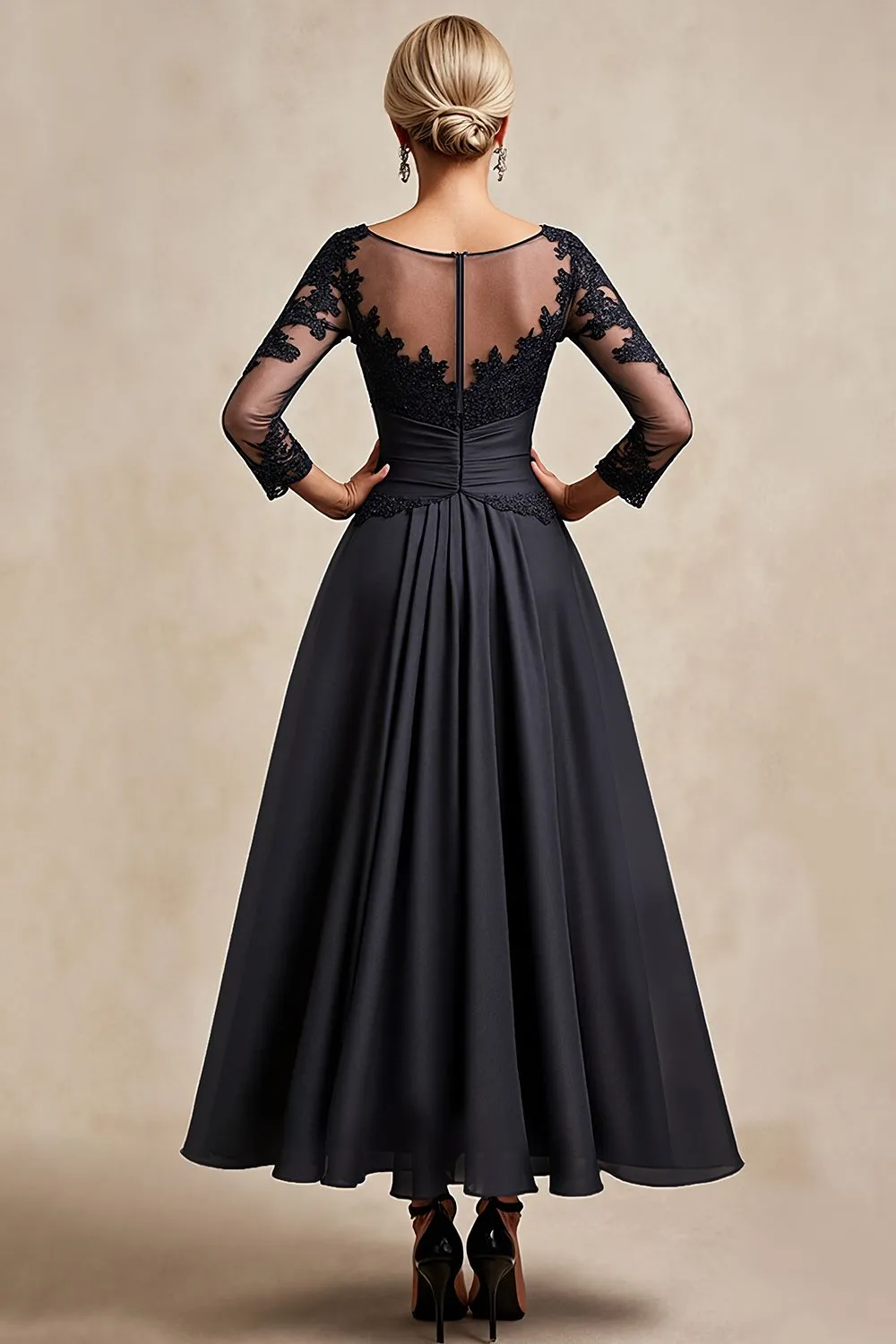 Black A Line Tea Length 3/4 Sleeve Mother of the Bride Dress with Appliques sold by Zapaka product image thumbnail 4