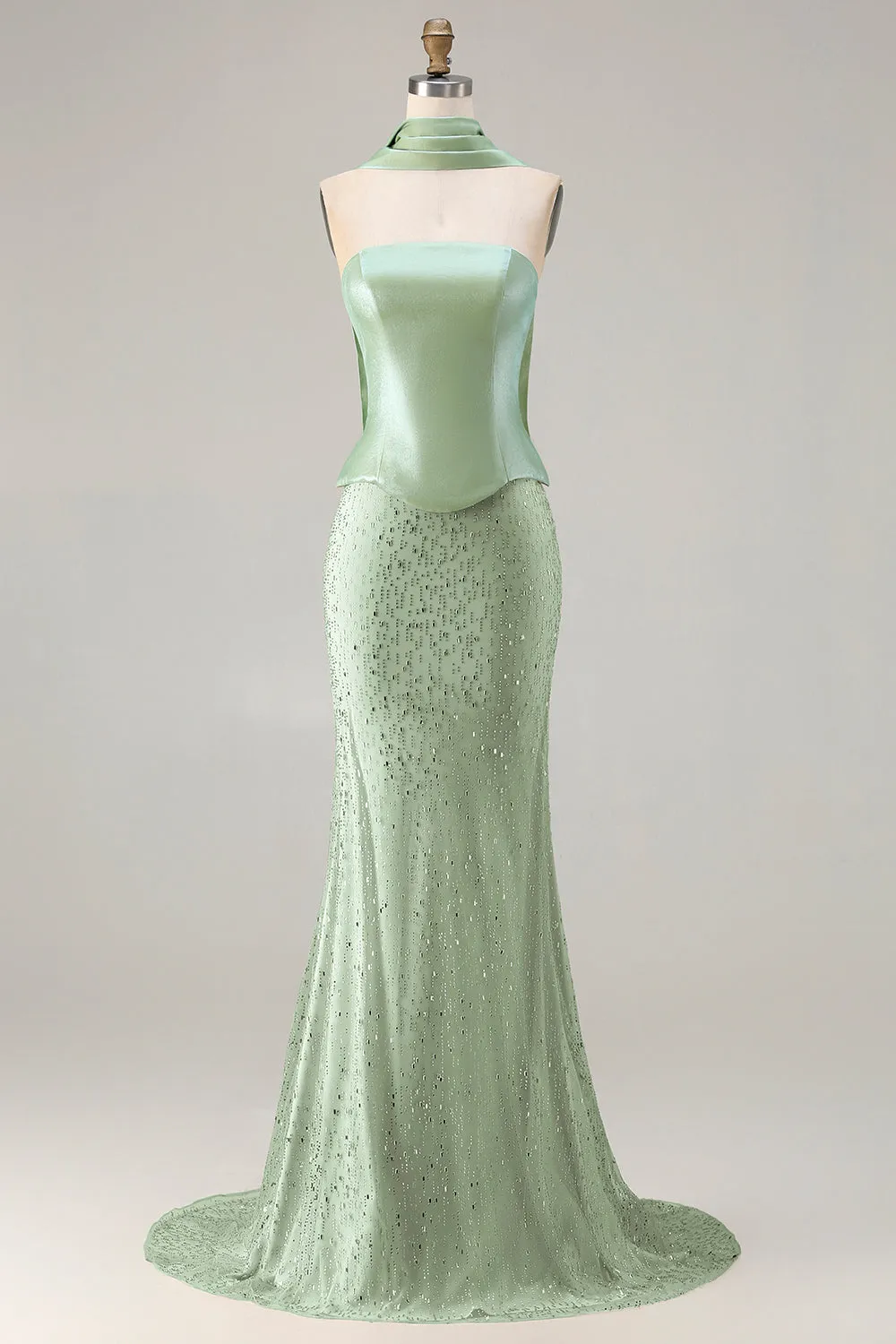 Sage Green Beaded Mermaid Strapless Satin Long Prom Dress with Cape sold by Zapaka