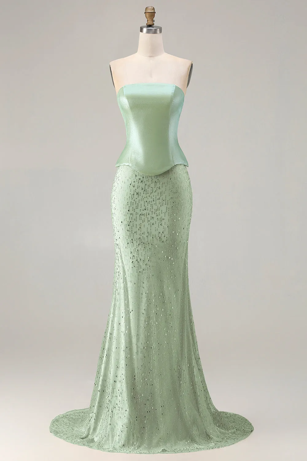 Sage Green Beaded Mermaid Strapless Satin Long Prom Dress with Cape sold by Zapaka product image thumbnail 4