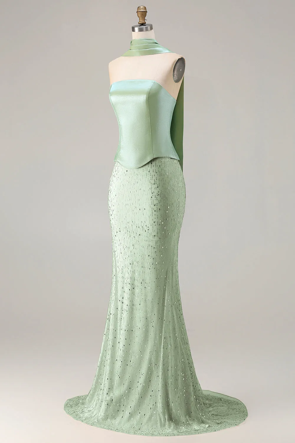 Sage Green Beaded Mermaid Strapless Satin Long Prom Dress with Cape sold by Zapaka product image thumbnail 3