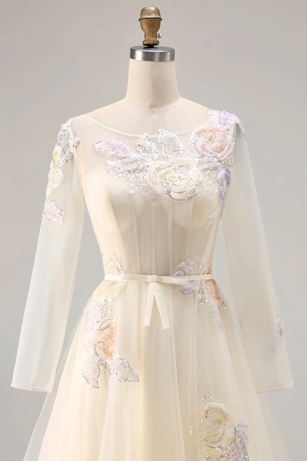 Yellow A Line Corset Floral Round Neck Prom Dress with Long Sleeves sold by Zapaka product image thumbnail 4