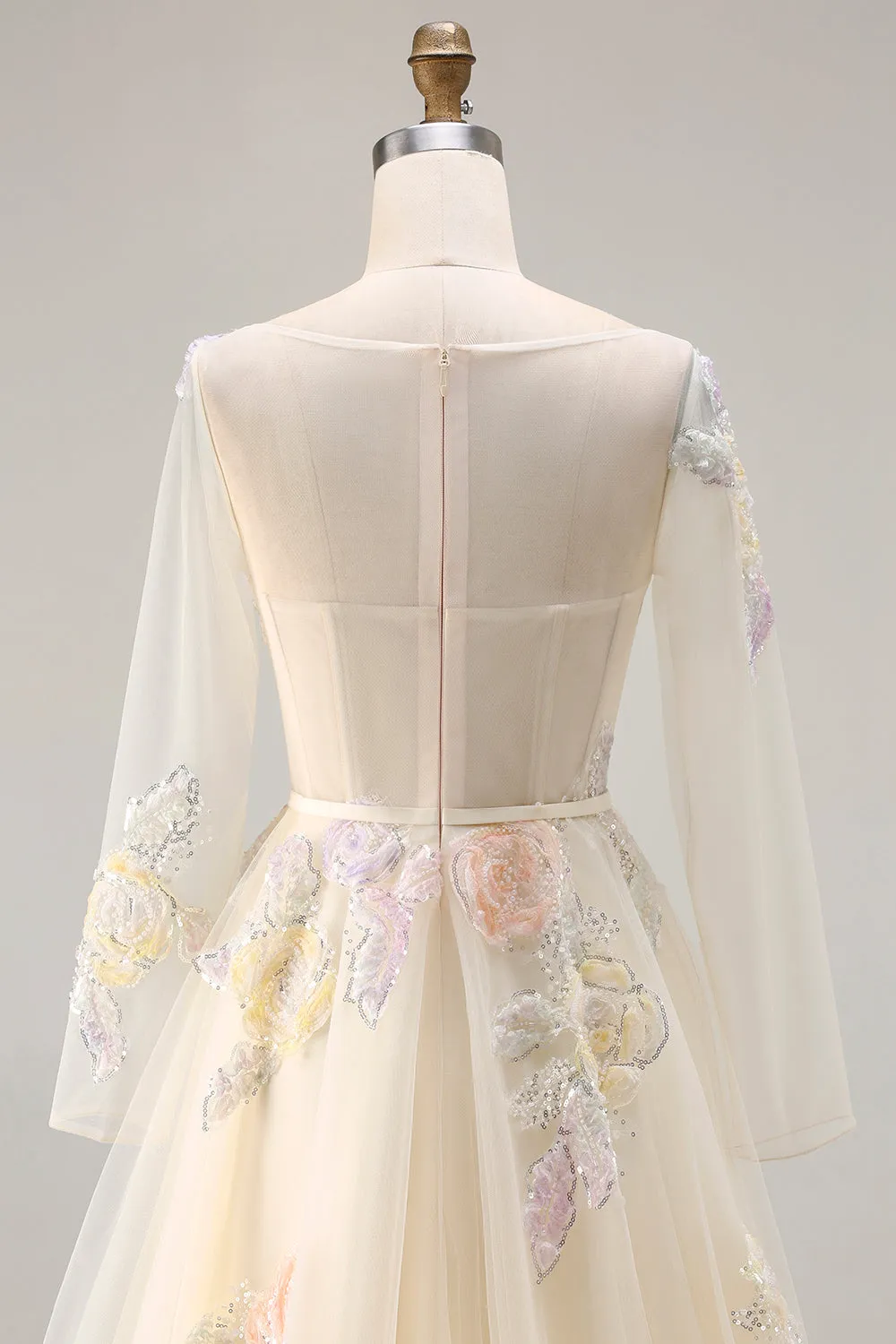 Yellow A Line Corset Floral Round Neck Prom Dress with Long Sleeves sold by Zapaka product image thumbnail 5