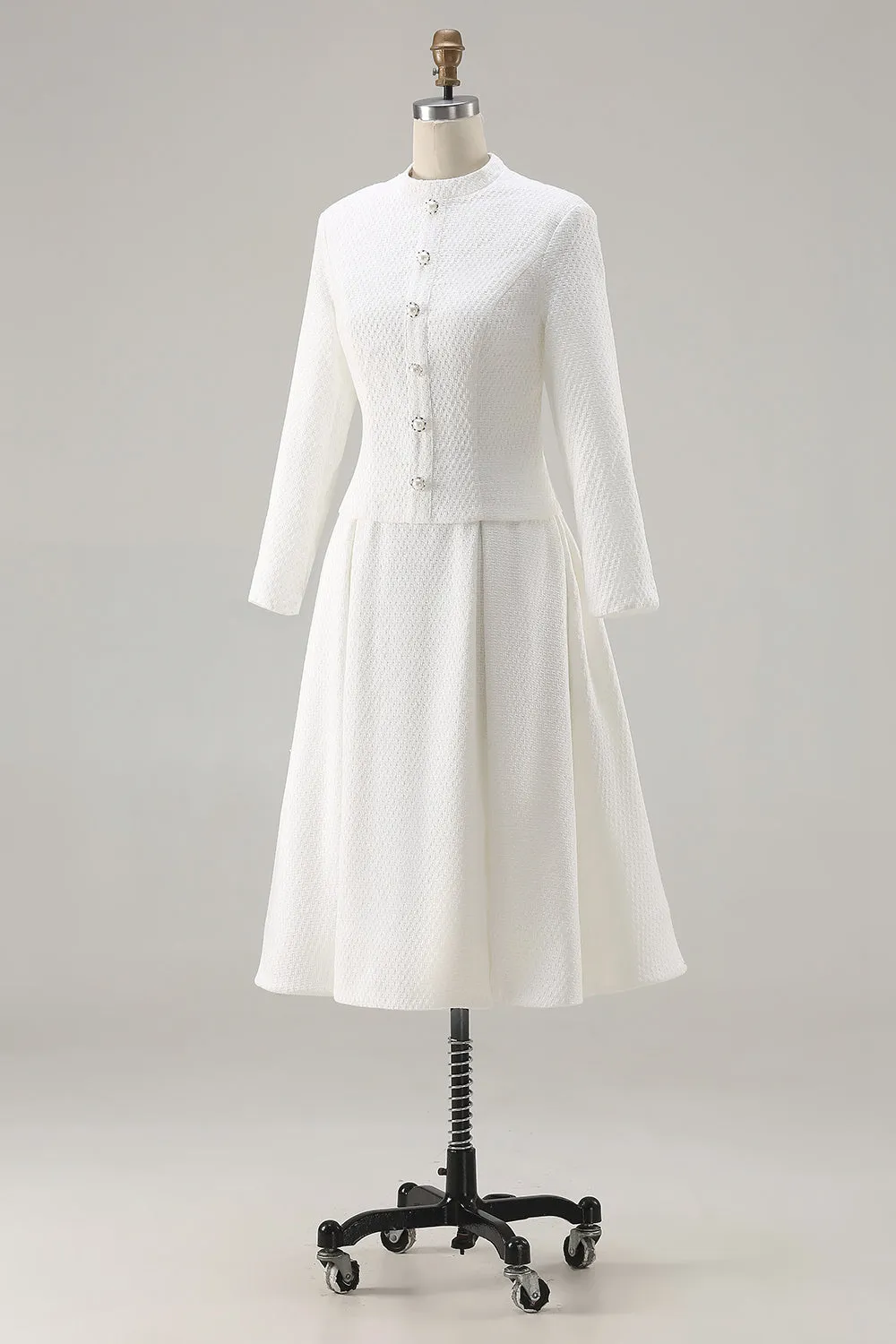 Ivory A Line Round Neck Long Sleeve Midi Work Dress sold by Zapaka product image thumbnail 3