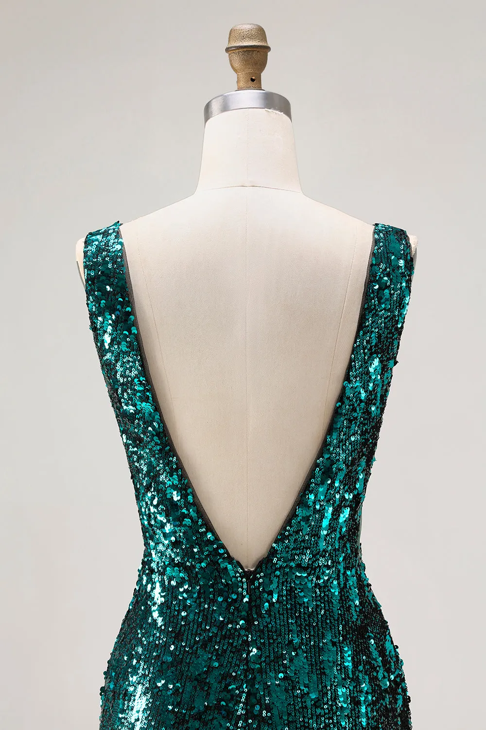 Sparkly Peacock Green Mermaid Open Back Sequin Long Prom Dress with Slit sold by Zapaka product image thumbnail 5