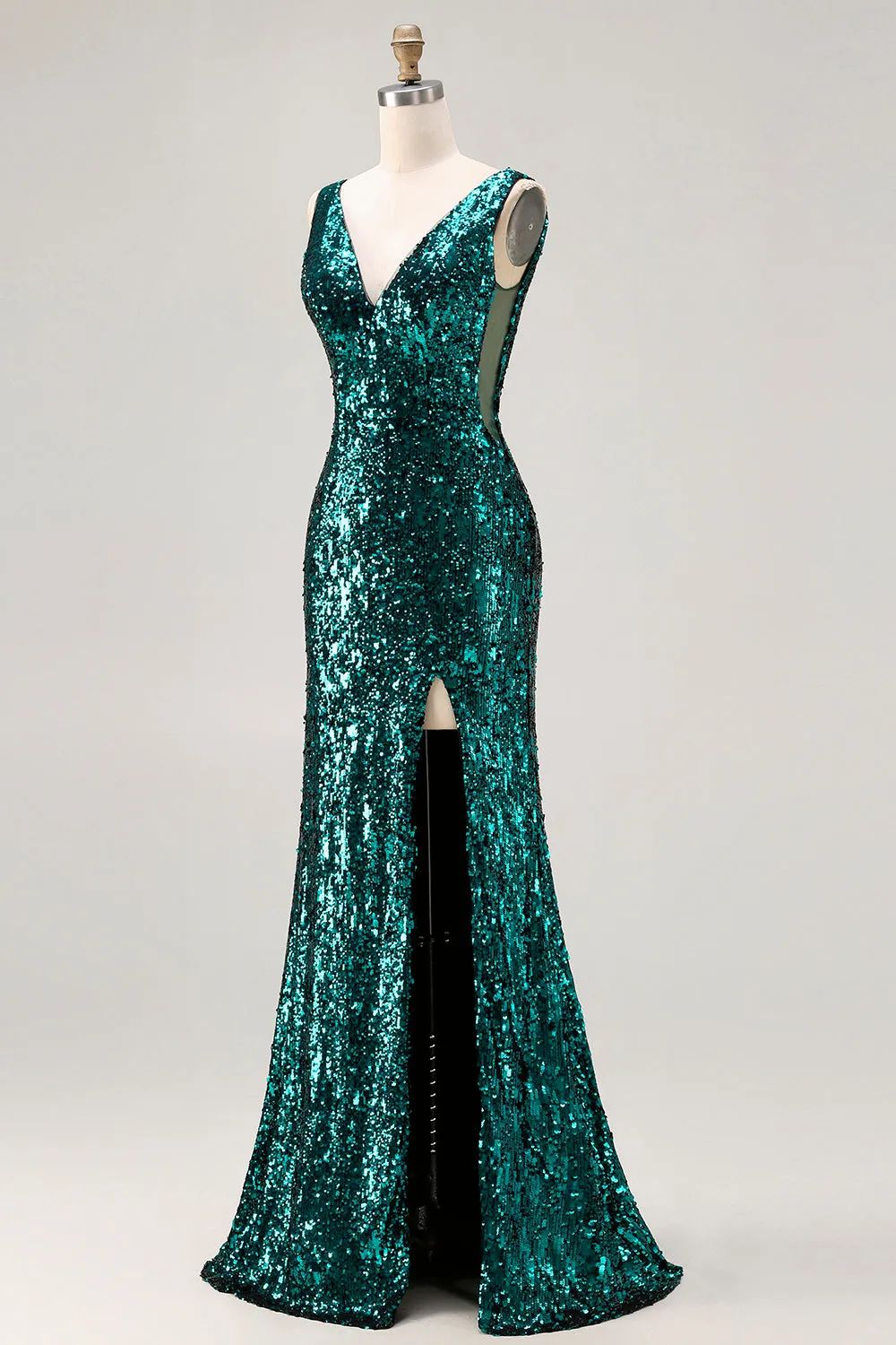Sparkly Peacock Green Mermaid Open Back Sequin Long Prom Dress with Slit sold by Zapaka product image thumbnail 3