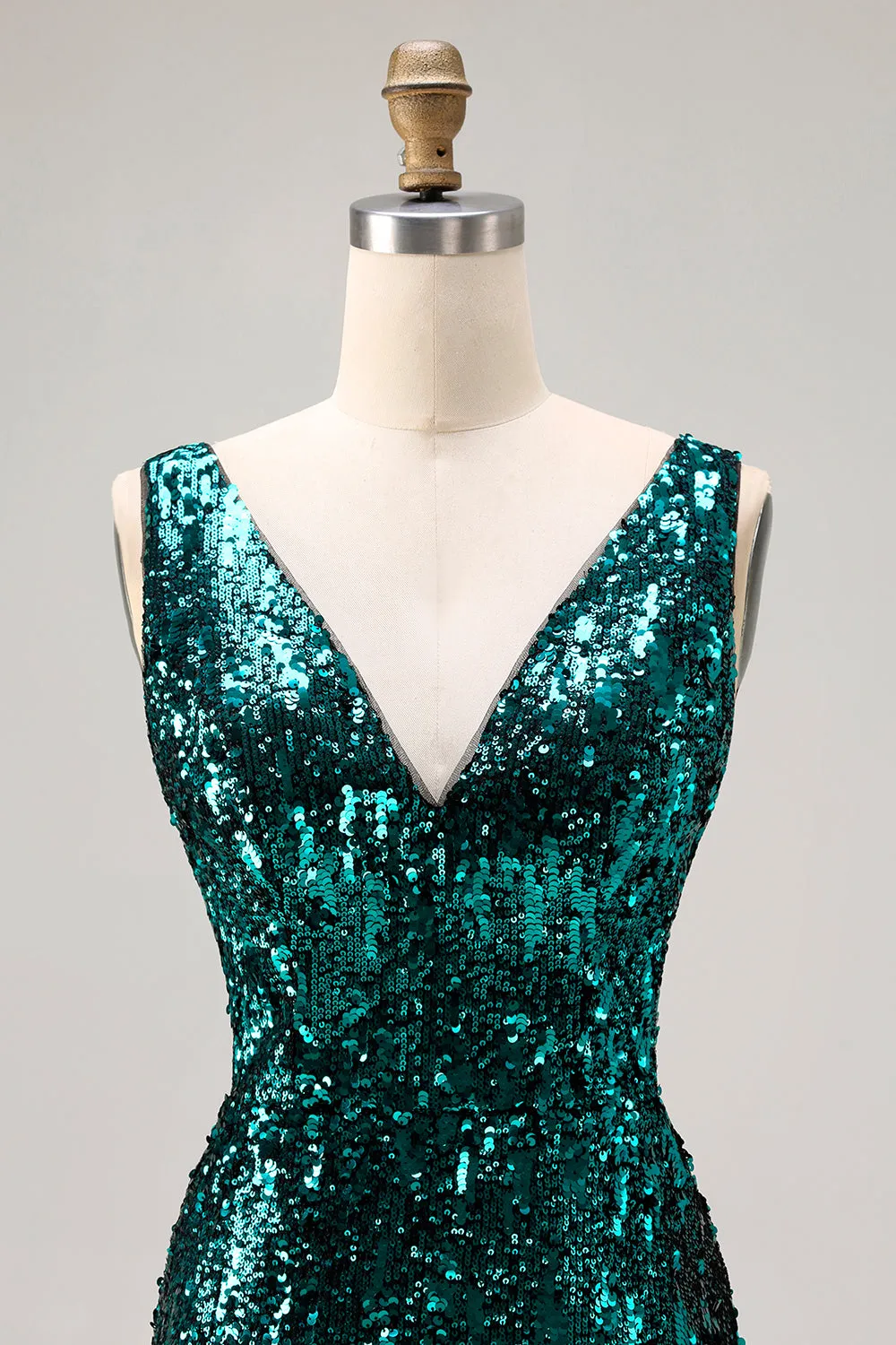 Sparkly Peacock Green Mermaid Open Back Sequin Long Prom Dress with Slit sold by Zapaka product image thumbnail 4
