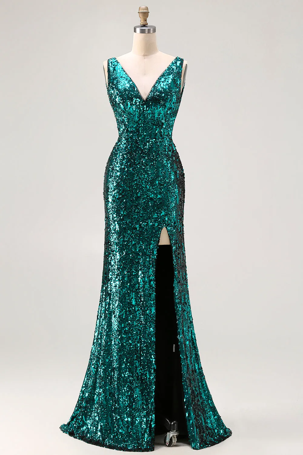 Sparkly Peacock Green Mermaid Open Back Sequin Long Prom Dress with Slit sold by Zapaka