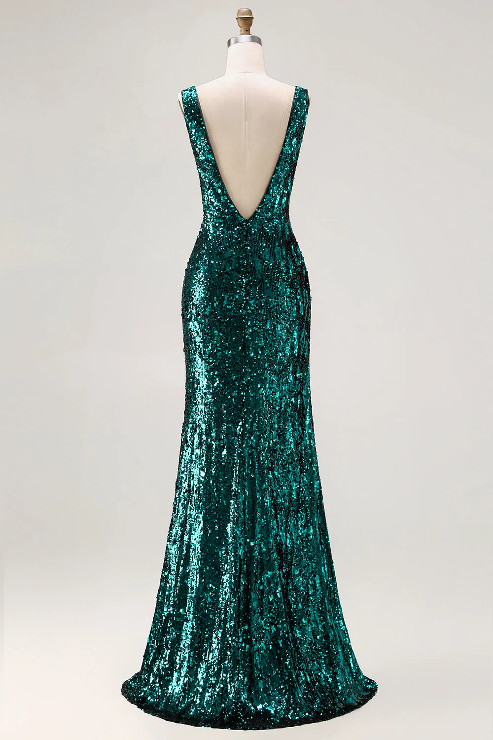 Sparkly Peacock Green Mermaid Open Back Sequin Long Prom Dress with Slit sold by Zapaka product image thumbnail 2