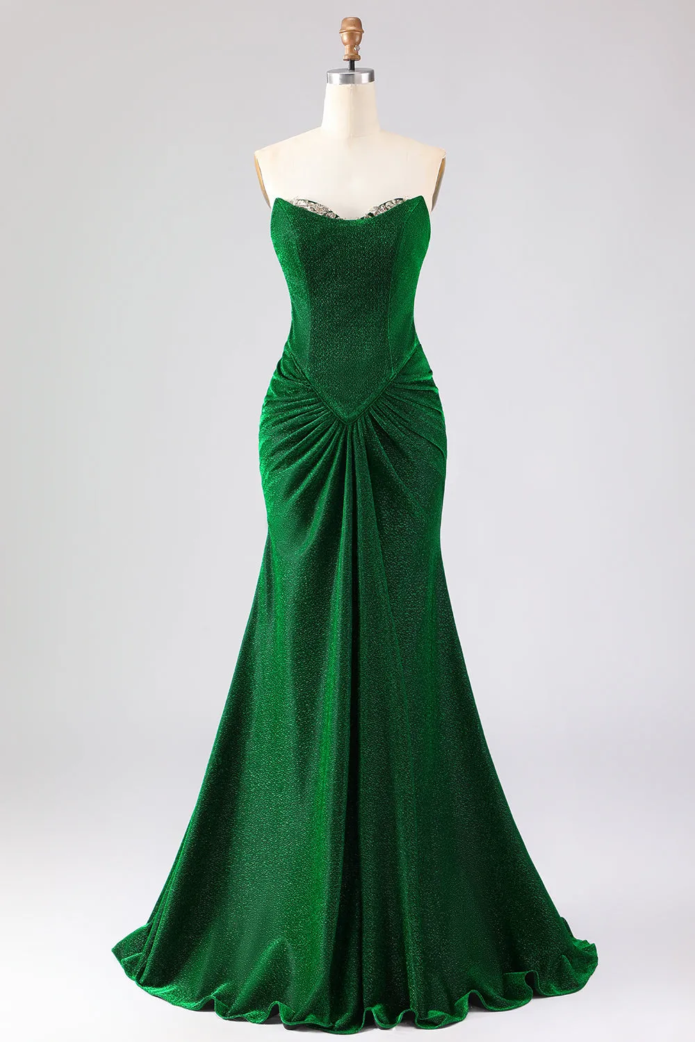 Strapless Mermaid Dark Green Ruched Satin Long Prom Dress with Lace Up Back sold by Zapaka