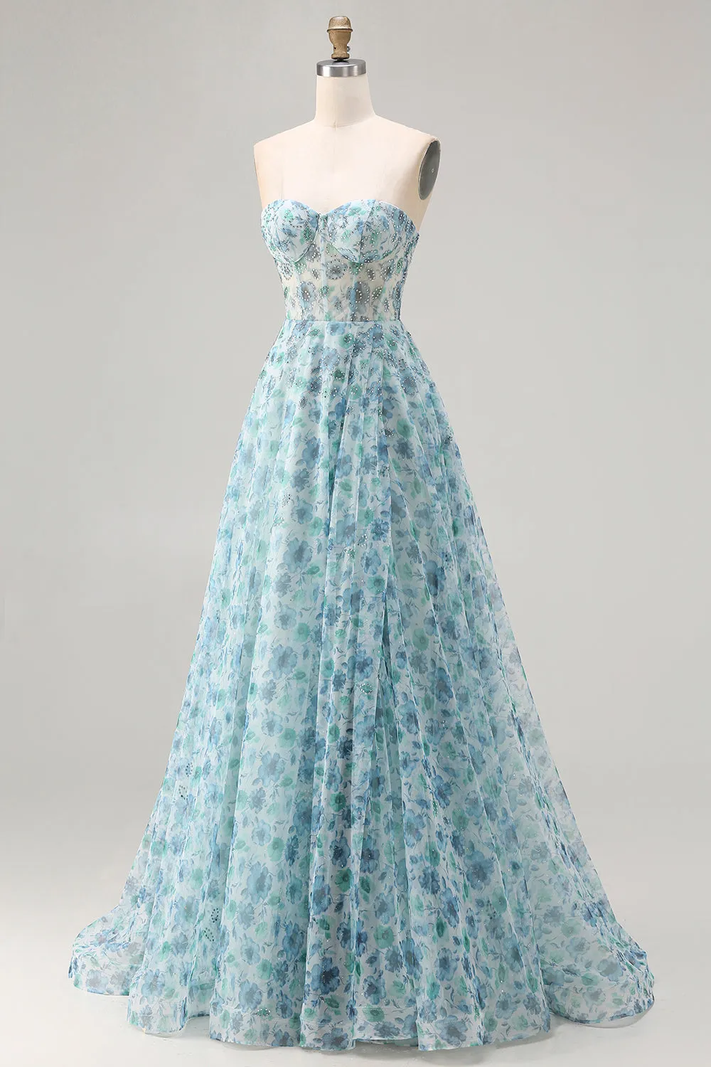 Strapless Blue Floral A-Line Beaded Convertible Long Prom Dress with Slit sold by Zapaka product image thumbnail 3