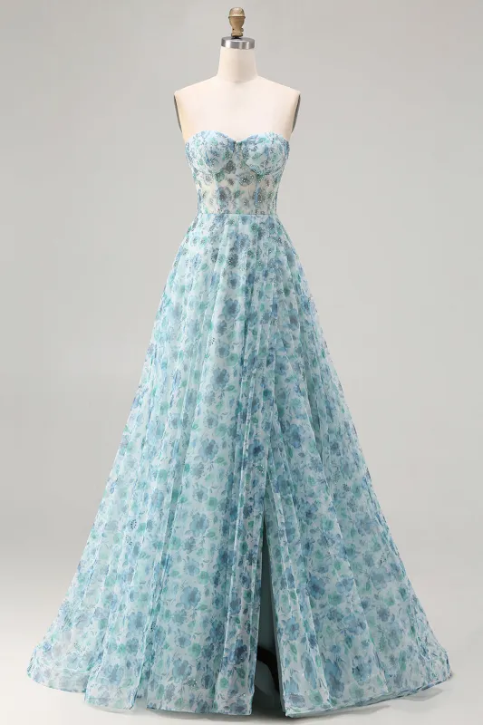 Strapless Blue Floral A-Line Beaded Convertible Long Prom Dress with Slit sold by Zapaka
