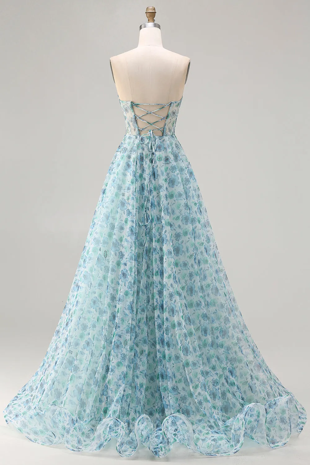 Strapless Blue Floral A-Line Beaded Convertible Long Prom Dress with Slit sold by Zapaka product image thumbnail 2