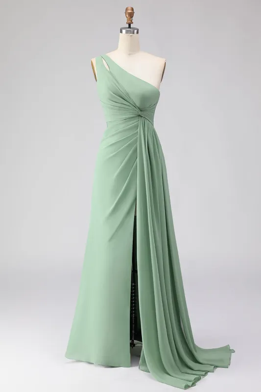 Sage Green A-Line One Shoulder Long Bridesmaid Dress with Slit sold by Zapaka