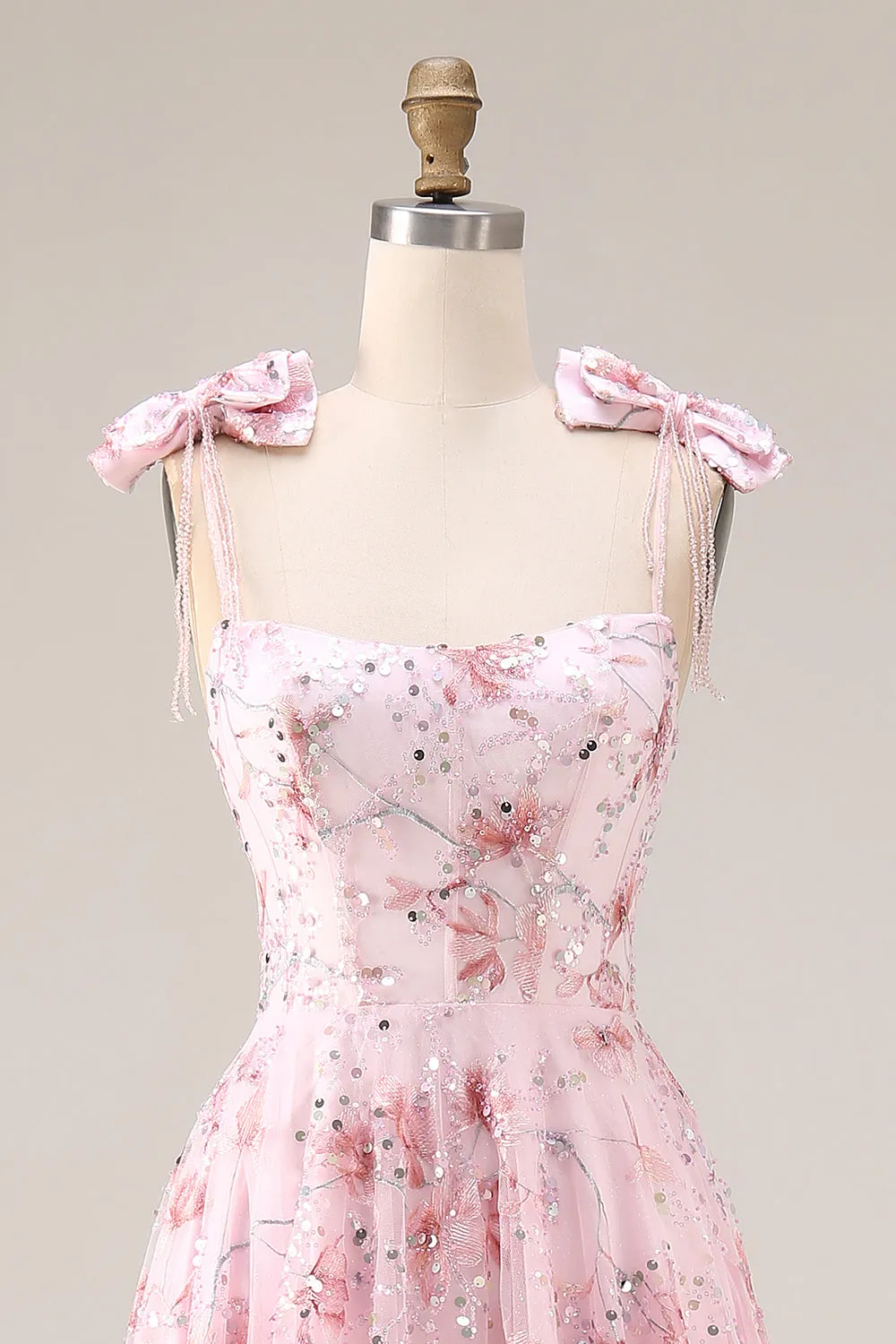 Sparkly Pink A-Line Floral Sequins Long Prom Dress with Bows sold by Zapaka product image thumbnail 4