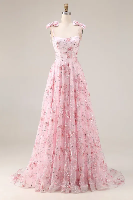 Sparkly Pink A-Line Floral Sequins Long Prom Dress with Bows sold by Zapaka
