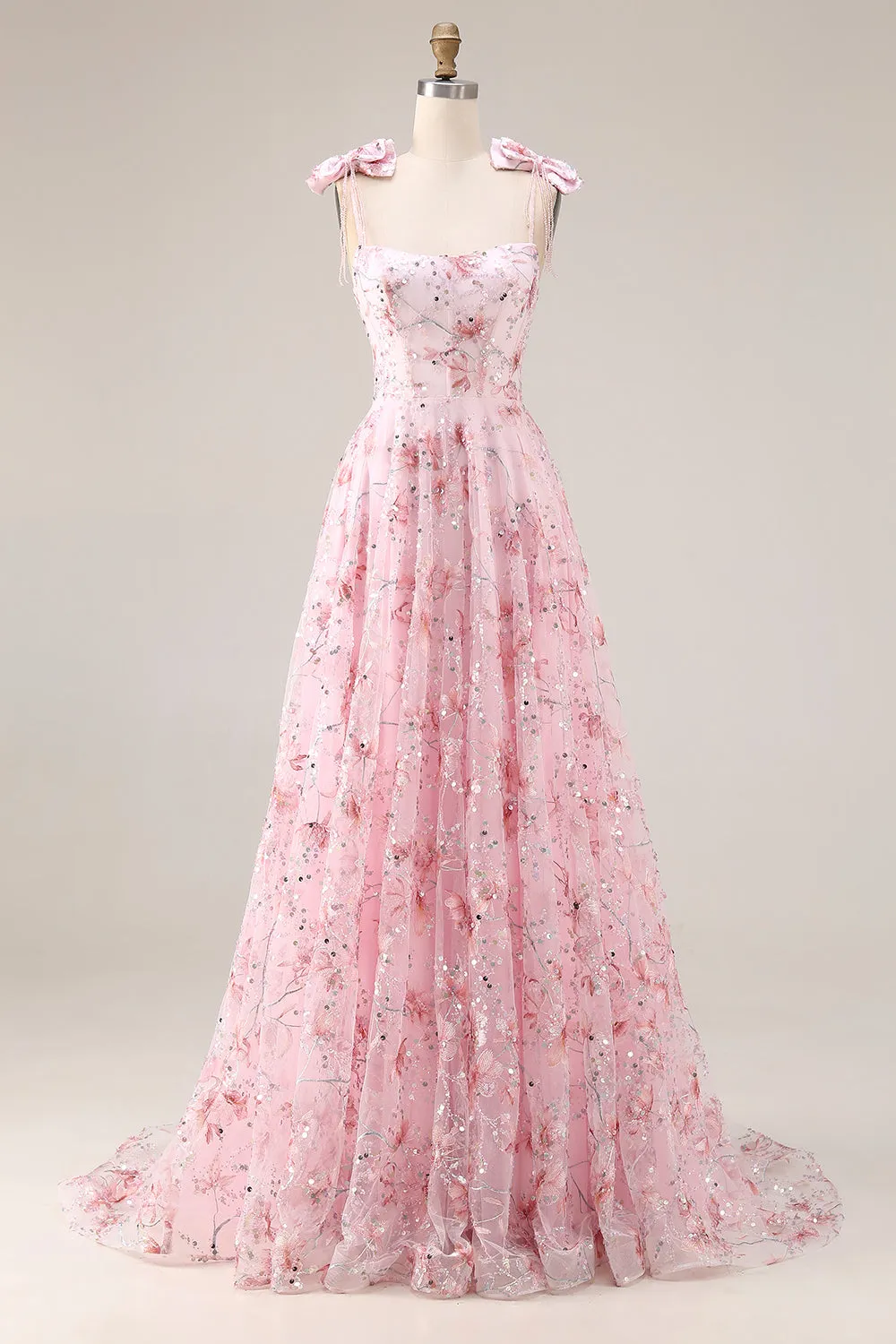 Sparkly Pink A-Line Floral Sequins Long Prom Dress with Bows sold by Zapaka