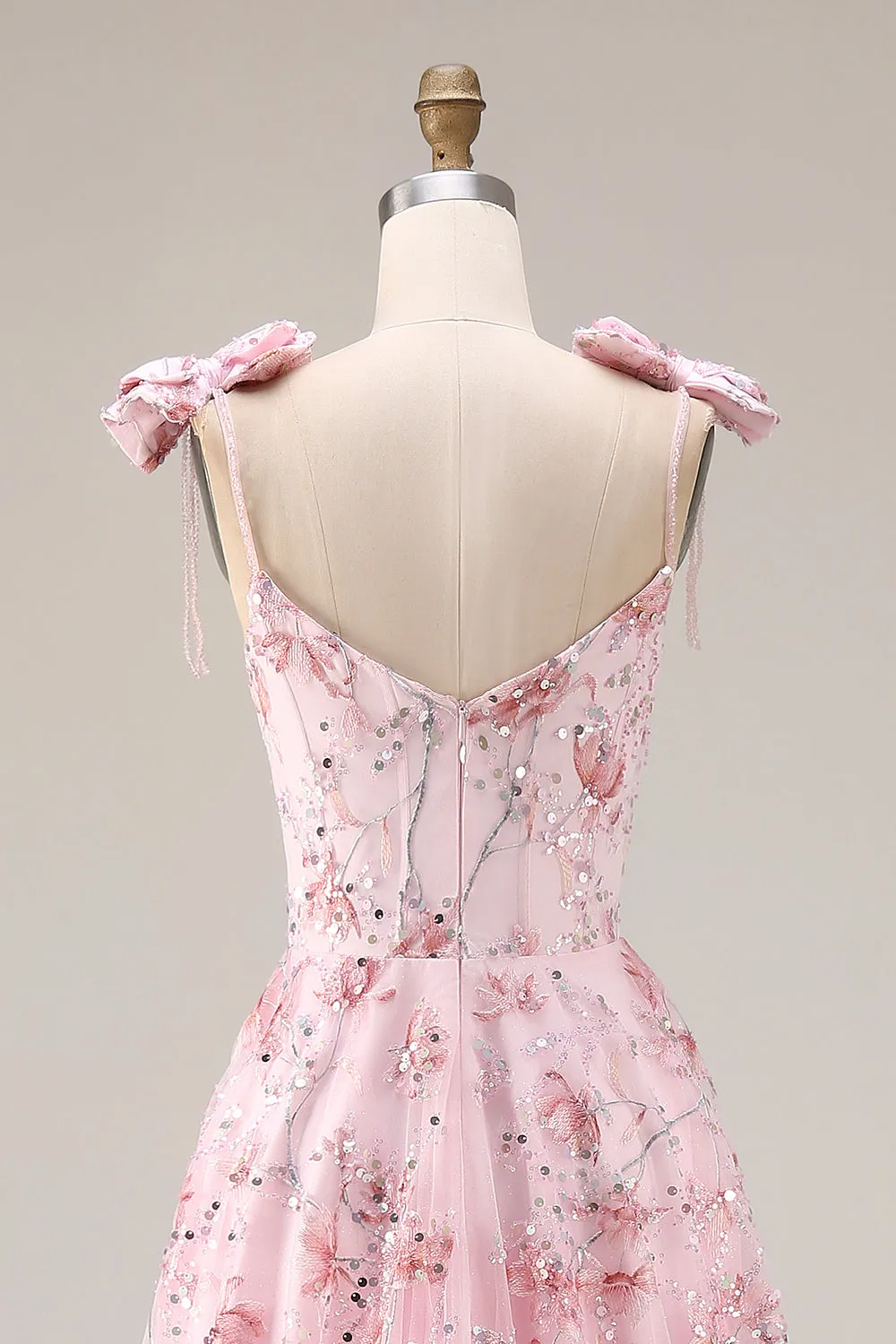 Sparkly Pink A-Line Floral Sequins Long Prom Dress with Bows sold by Zapaka product image thumbnail 5