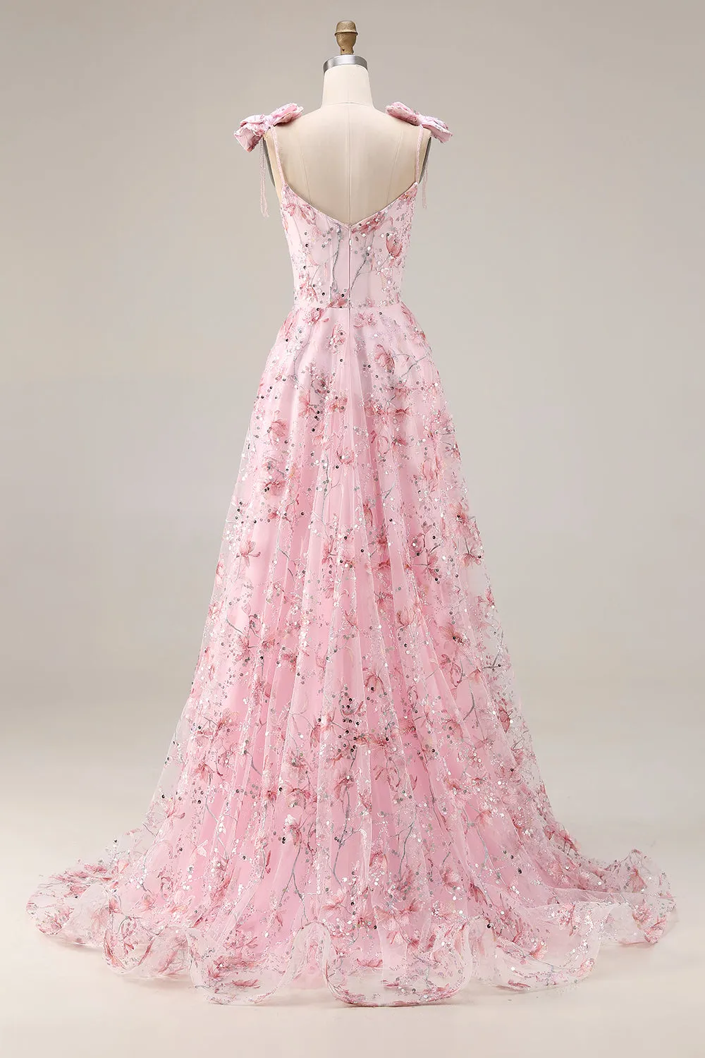 Sparkly Pink A-Line Floral Sequins Long Prom Dress with Bows sold by Zapaka product image thumbnail 2