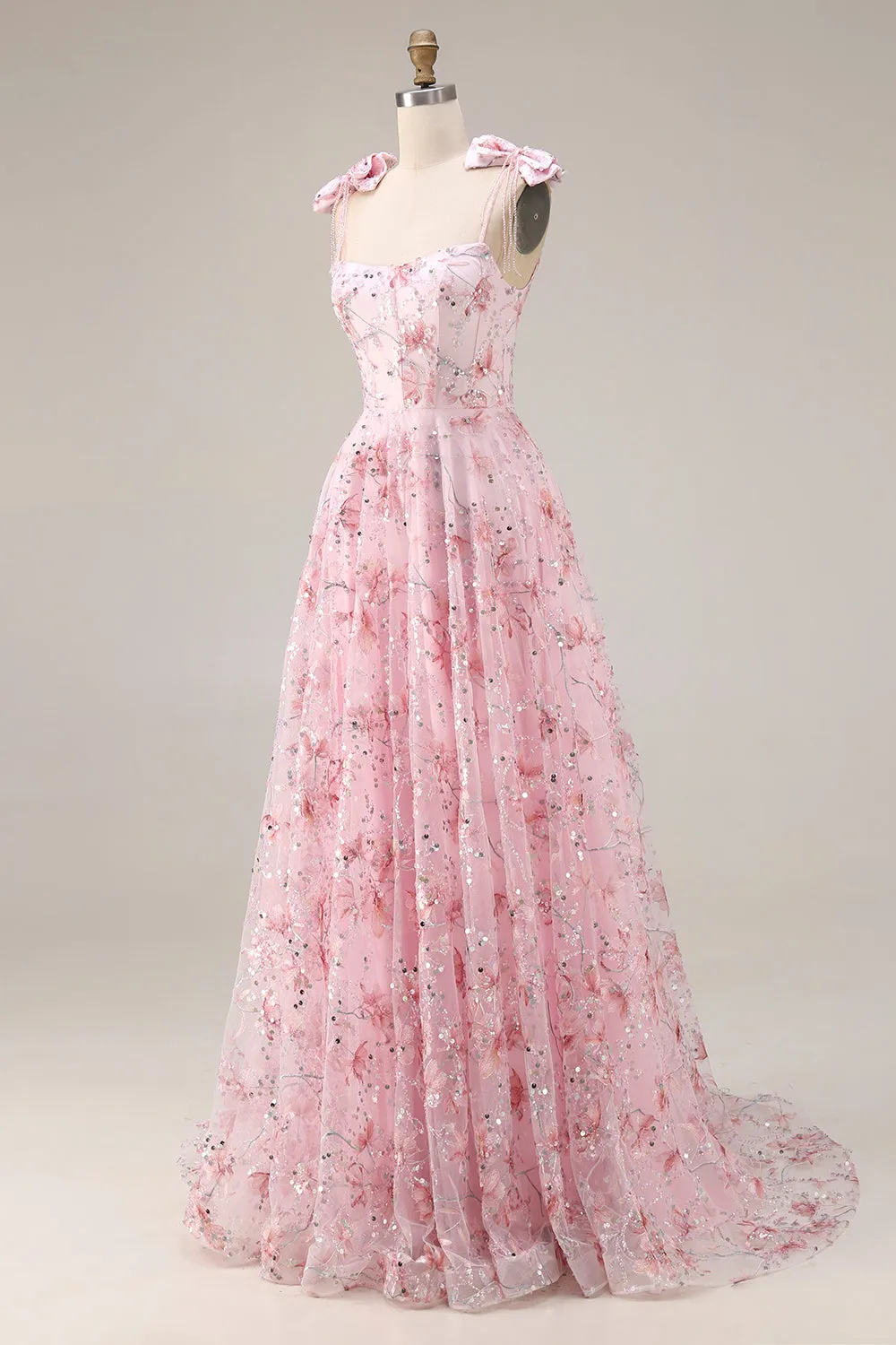 Sparkly Pink A-Line Floral Sequins Long Prom Dress with Bows sold by Zapaka product image thumbnail 3