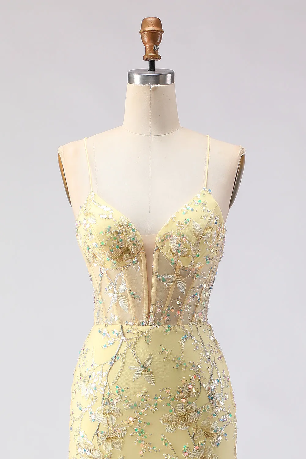 Yellow Mermaid Corset Floral Lace Up Back Long Prom Dress with Sequins sold by Zapaka product image thumbnail 4