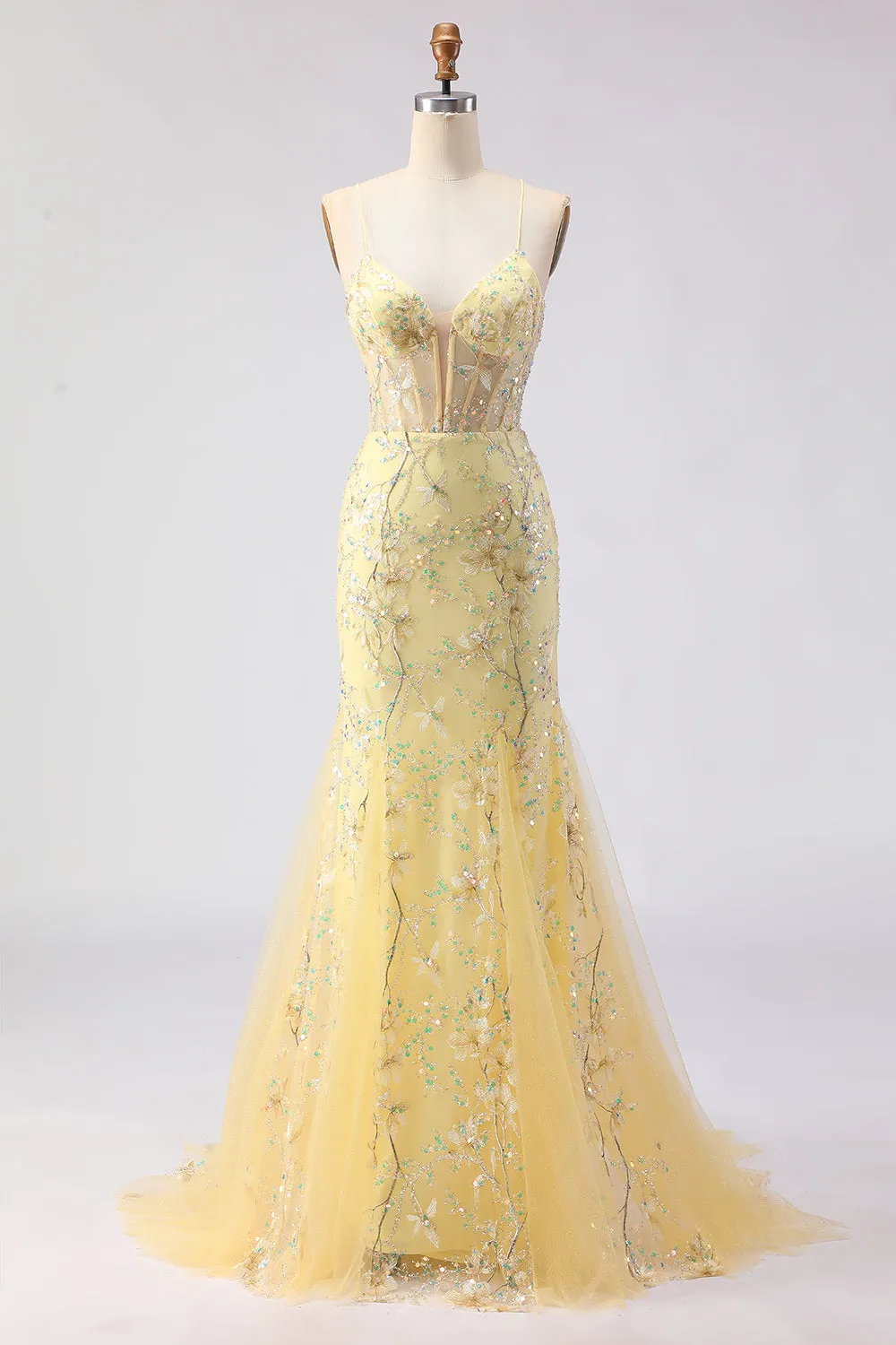 Yellow Mermaid Corset Floral Lace Up Back Long Prom Dress with Sequins sold by Zapaka