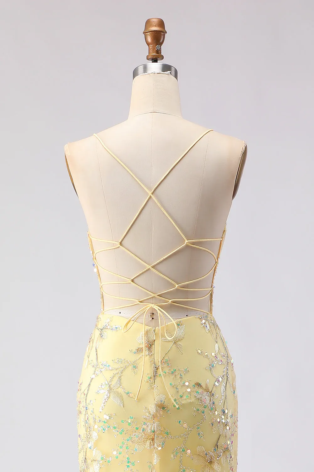 Yellow Mermaid Corset Floral Lace Up Back Long Prom Dress with Sequins sold by Zapaka product image thumbnail 5