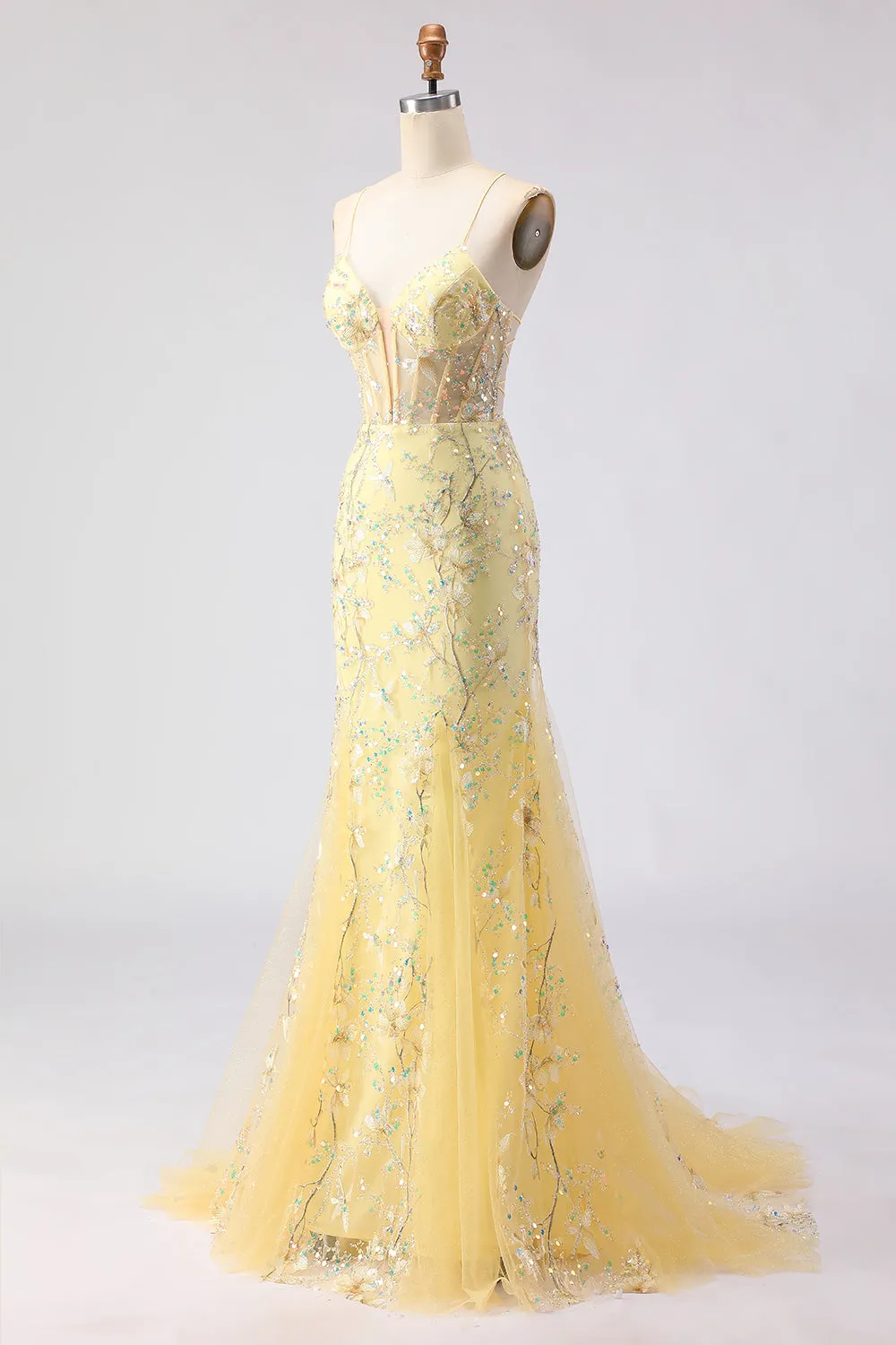 Yellow Mermaid Corset Floral Lace Up Back Long Prom Dress with Sequins sold by Zapaka product image thumbnail 3