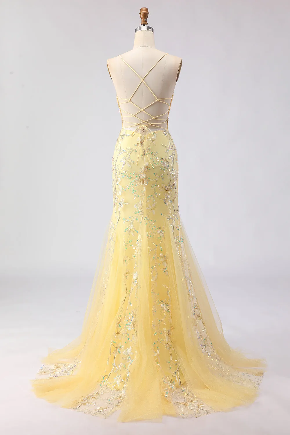 Yellow Mermaid Corset Floral Lace Up Back Long Prom Dress with Sequins sold by Zapaka product image thumbnail 2