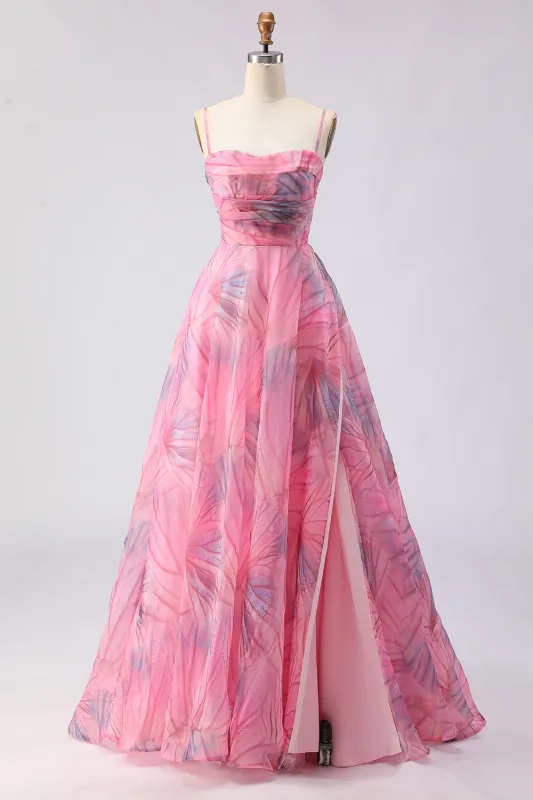Pink A-Line Print Tulle Floral Corset Long Prom Dress with Slit sold by Zapaka