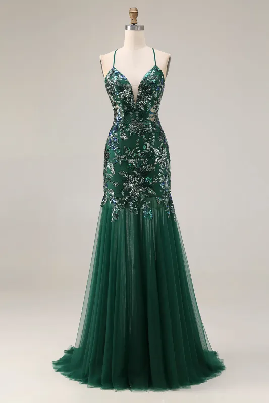 Sparkly Dark Green Sheath Open Back Long Prom Dress with Sequins sold by Zapaka