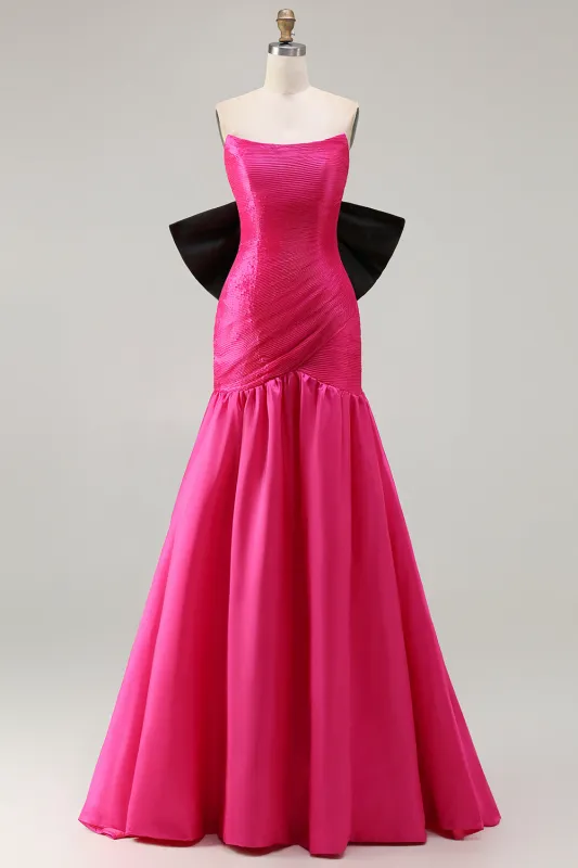 Strapless Fuchsia A-Line Convertible Satin Long Prom Dress with Large Bow sold by Zapaka