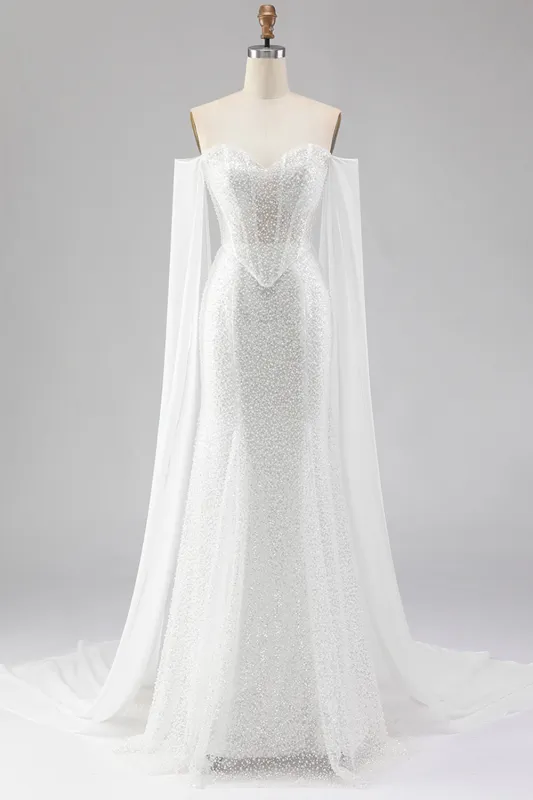 White Mermaid Beaded Sweetheart Sequin Long Prom Dress with Cape sold by Zapaka