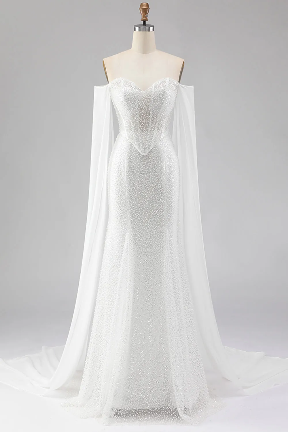 White Mermaid Beaded Sweetheart Sequin Long Prom Dress with Cape sold by Zapaka