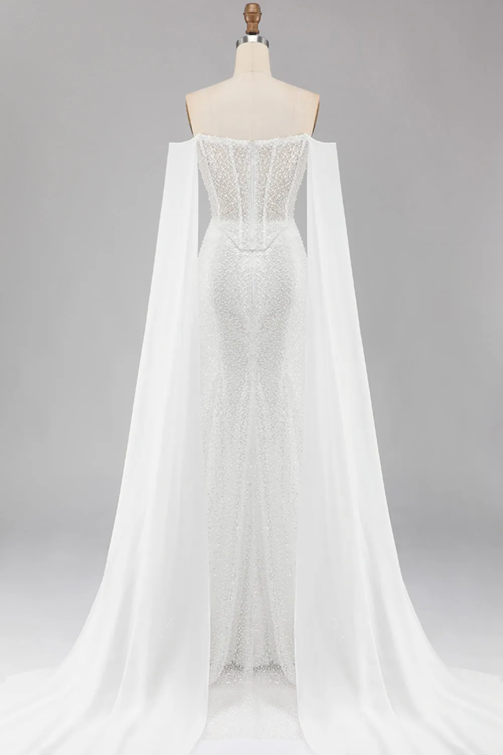 White Mermaid Beaded Sweetheart Sequin Long Prom Dress with Cape sold by Zapaka product image thumbnail 2