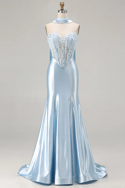 Two Piece Blue Mermaid Corset Sweetheart Long Satin Prom Dress with a Neck Scarf sold by Zapaka