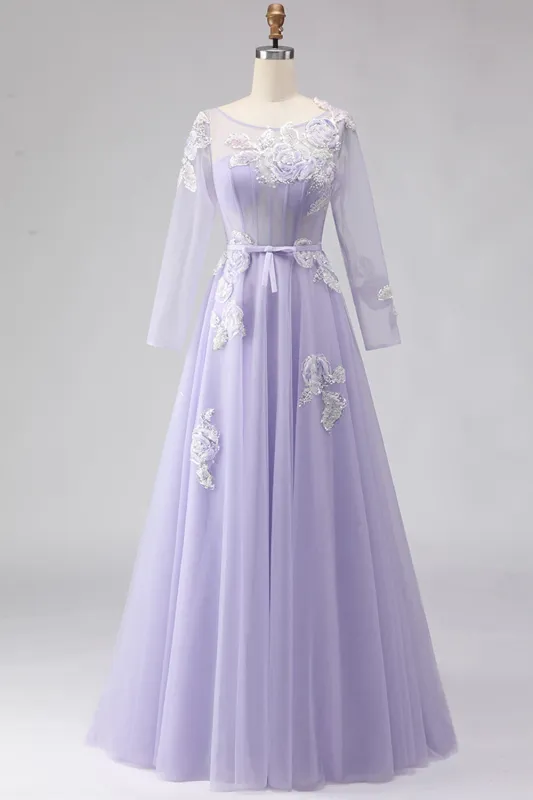 Lilac A Line Corset Appliqued Tulle Long Prom Dress with Long Sleeves sold by Zapaka