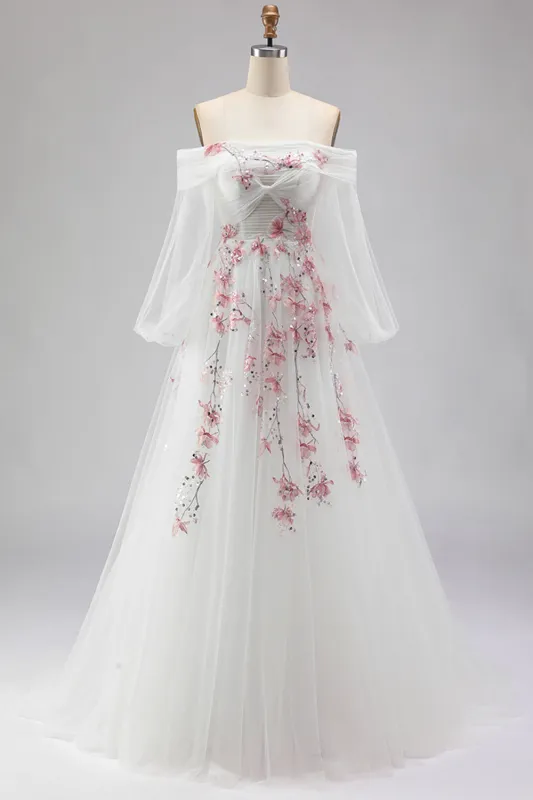 Off The Shoulder White A-Line Embroidered Tulle Long Prom Dress with Sequins sold by Zapaka