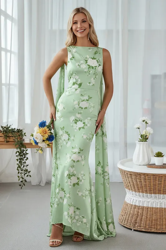 Mermaid Sage Green Print Floral Long Convertible Dress with Streamer sold by Zapaka