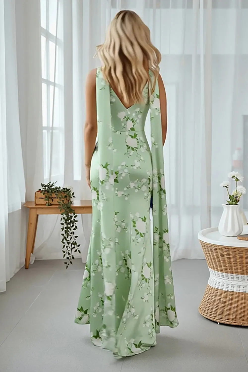 Mermaid Sage Green Print Floral Long Convertible Dress with Streamer sold by Zapaka product image thumbnail 2