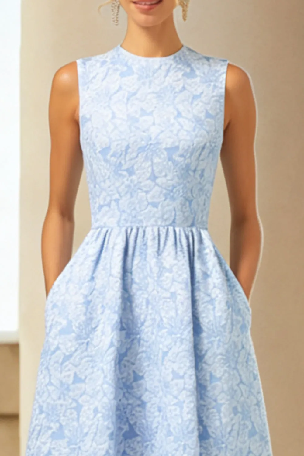 Blue A Line Long Jacquard Floral Dress with Pockets sold by Zapaka product image thumbnail 3