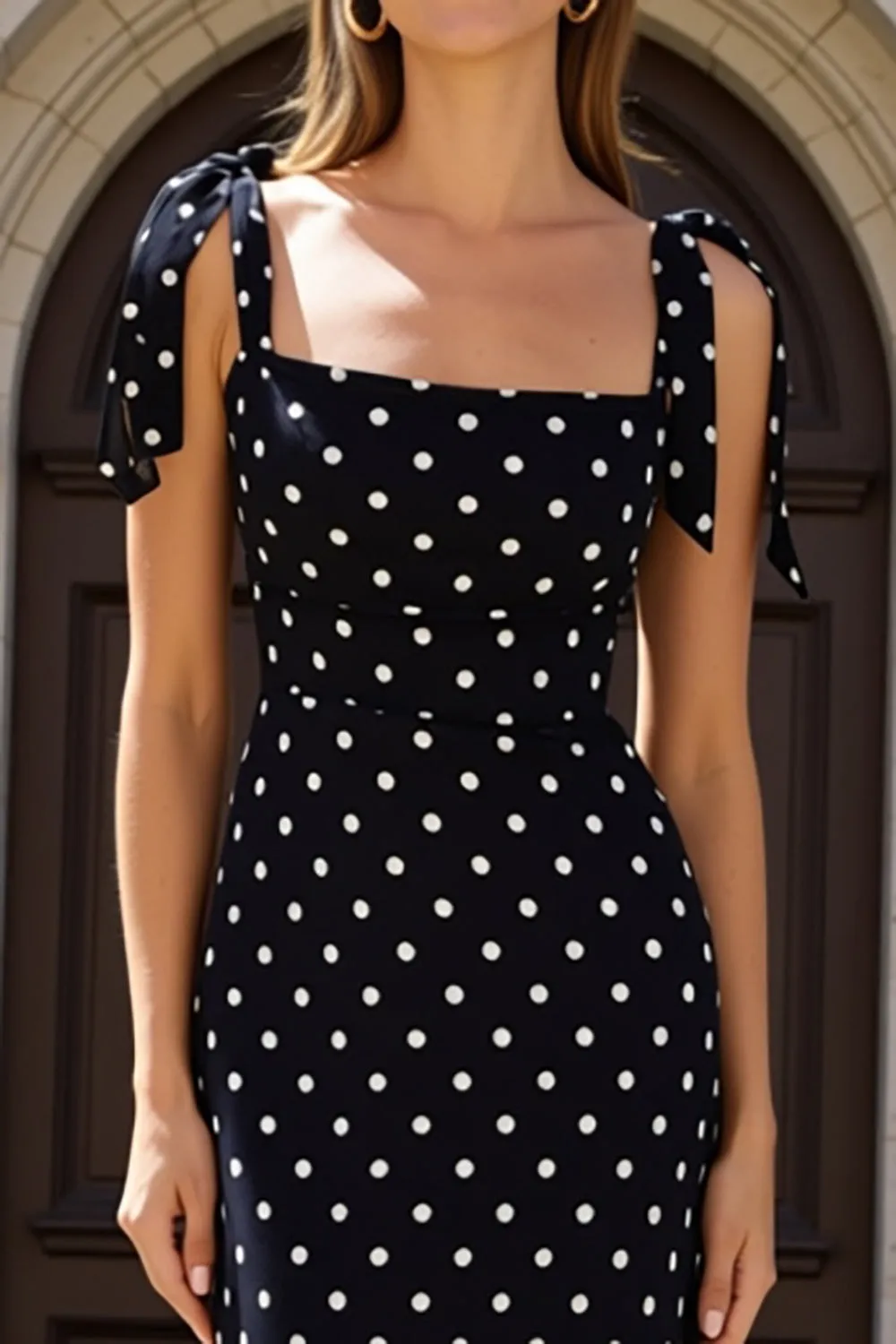 Sheath Black And White Square Neck Long Polka Dots Dress sold by Zapaka product image thumbnail 3