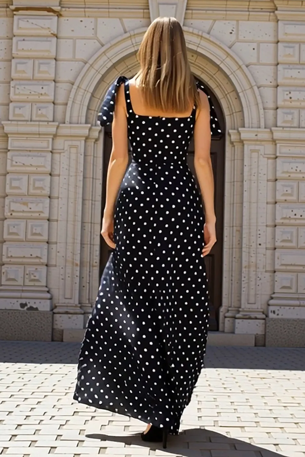 Sheath Black And White Square Neck Long Polka Dots Dress sold by Zapaka product image thumbnail 2