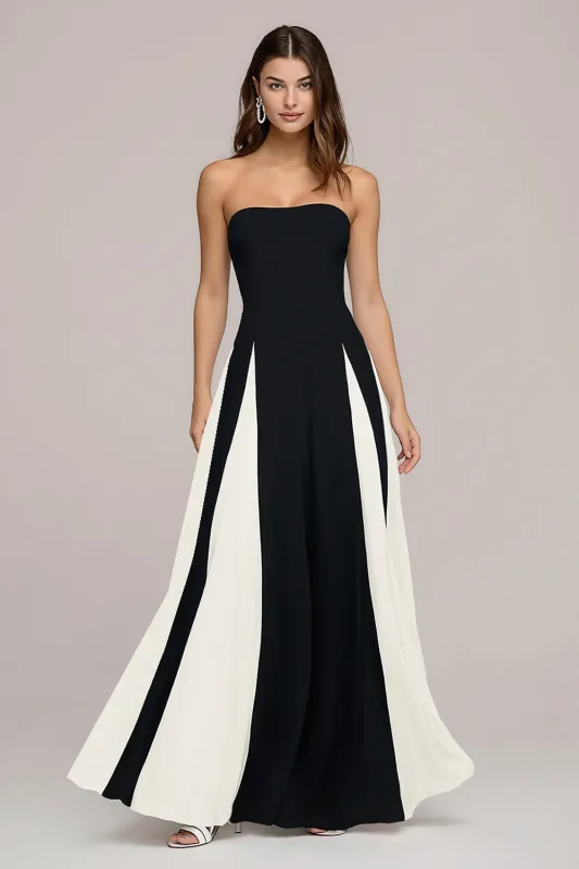 Elegant Black and White A Line Strapless Maxi Dress sold by Zapaka