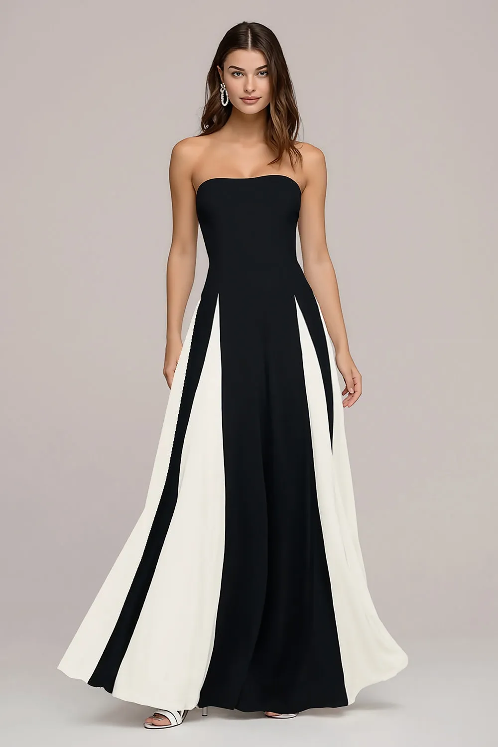 Elegant Black and White A Line Strapless Maxi Dress sold by Zapaka