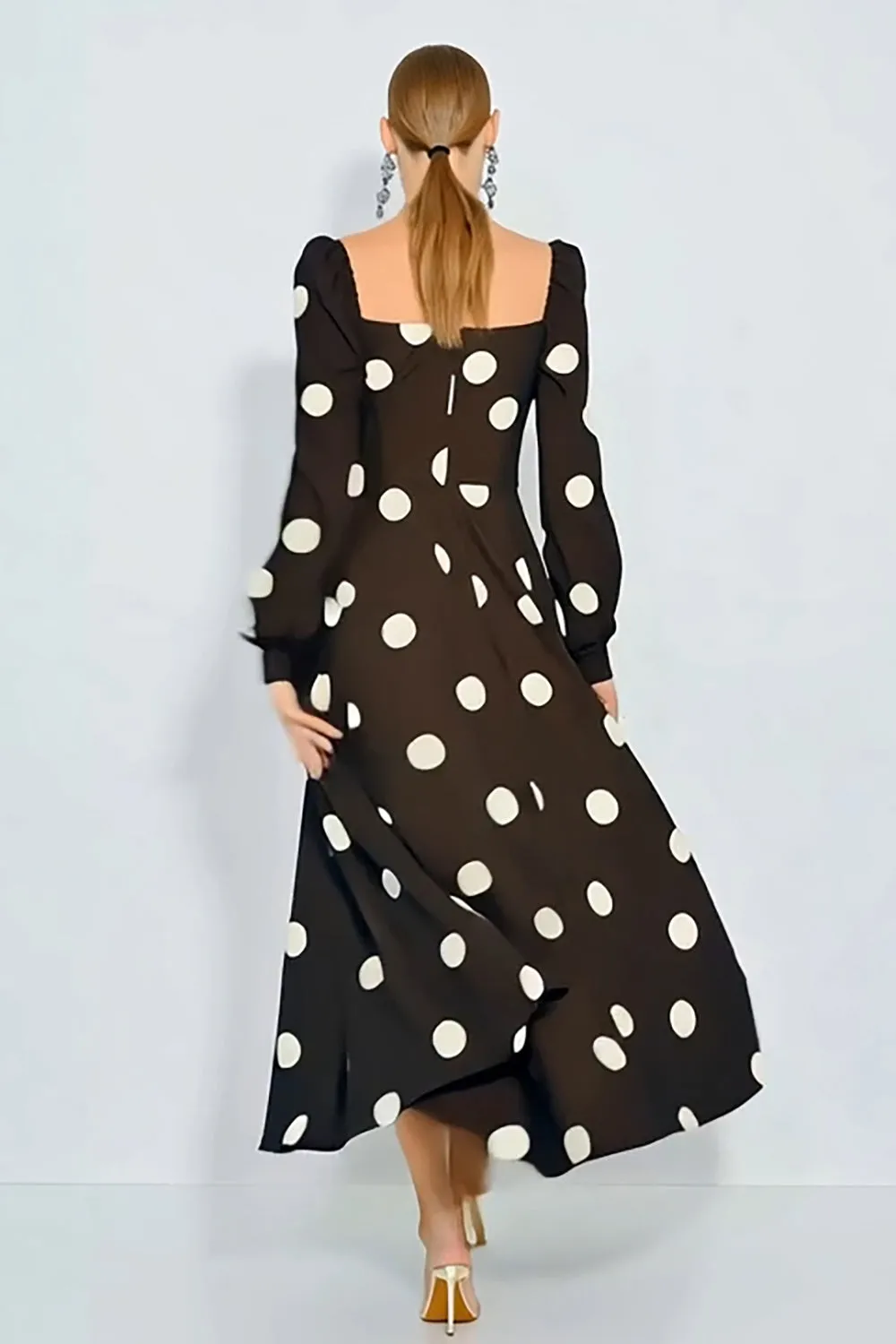 Brown and White A Line Square Neck Polka Dots Dress with Long Sleeves sold by Zapaka product image thumbnail 2