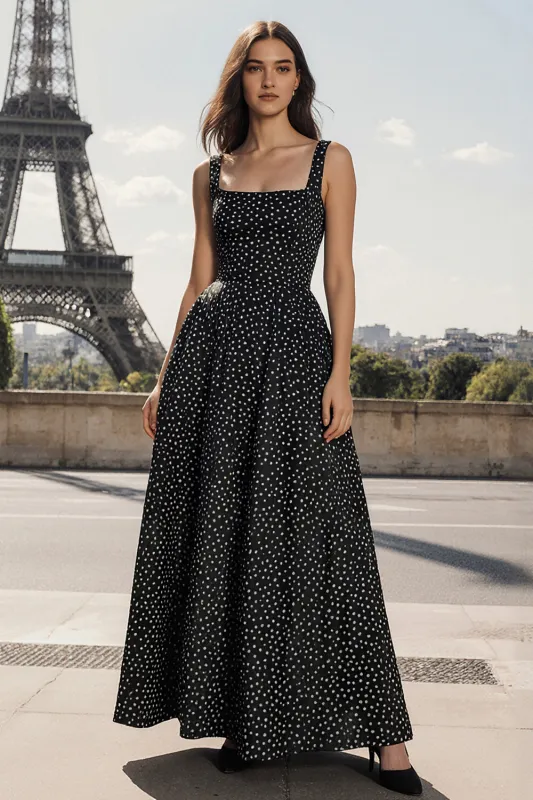 A Line Square Neck Long Black White Dots Dress sold by Zapaka