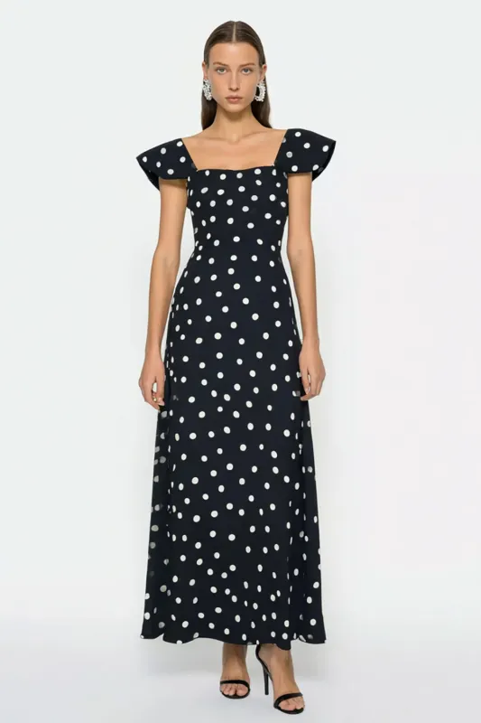 Black and White A Line Flutter Sleeves Long Polka Dots Dress made by Zapaka